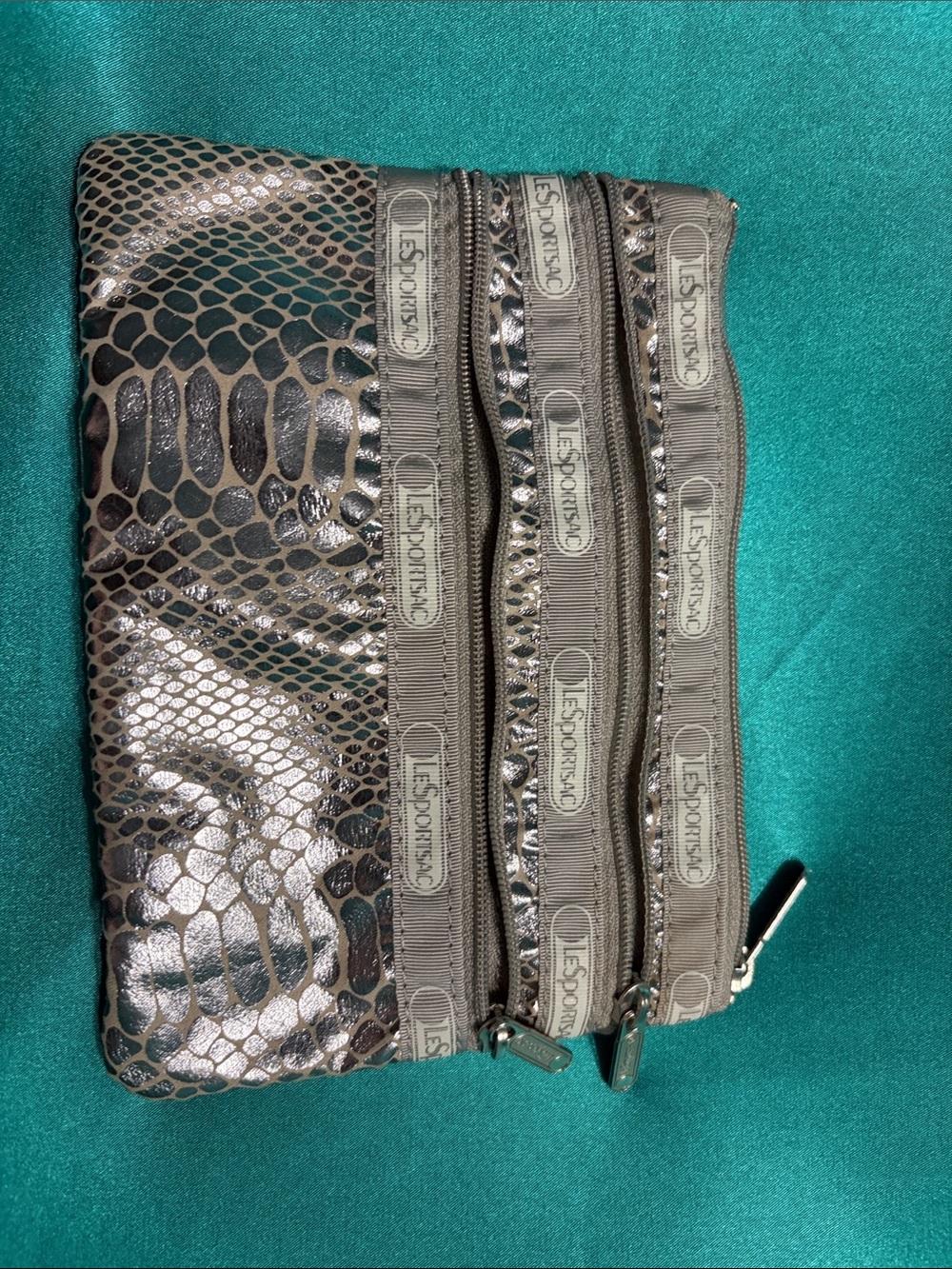 Lesportsac Taupe Metallic Snake-Print Triple Zip Pouch